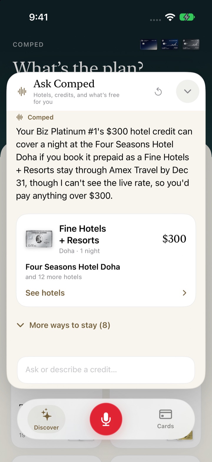 Ask Comped answering with a Fine Hotels + Resorts stay covered by a $300 credit