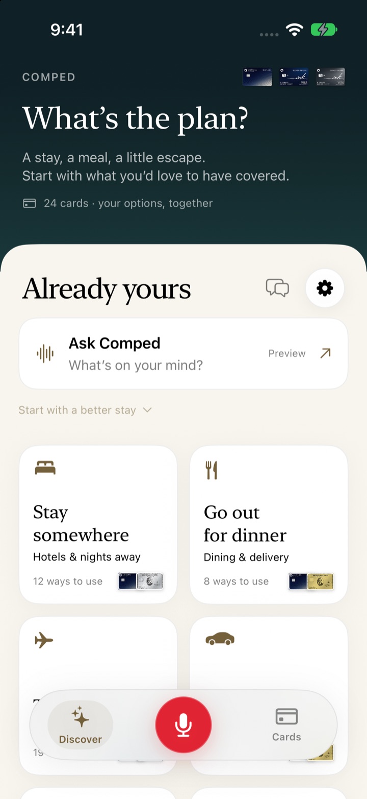 Comped home screen with hotels, dining, travel and rides